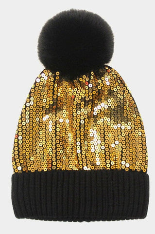 Sequin Pom Pom Beanie Hat - Black & Gold