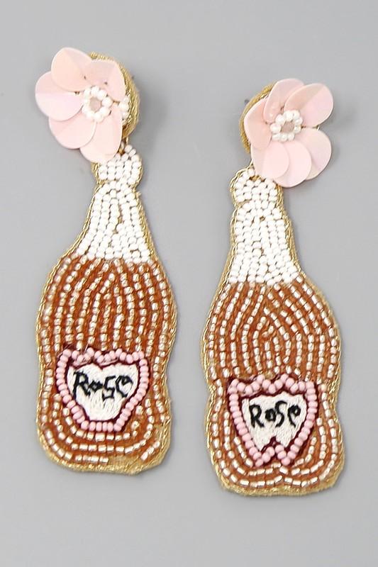 Rose Bottle Beaded Drop Earrings, White and Gold