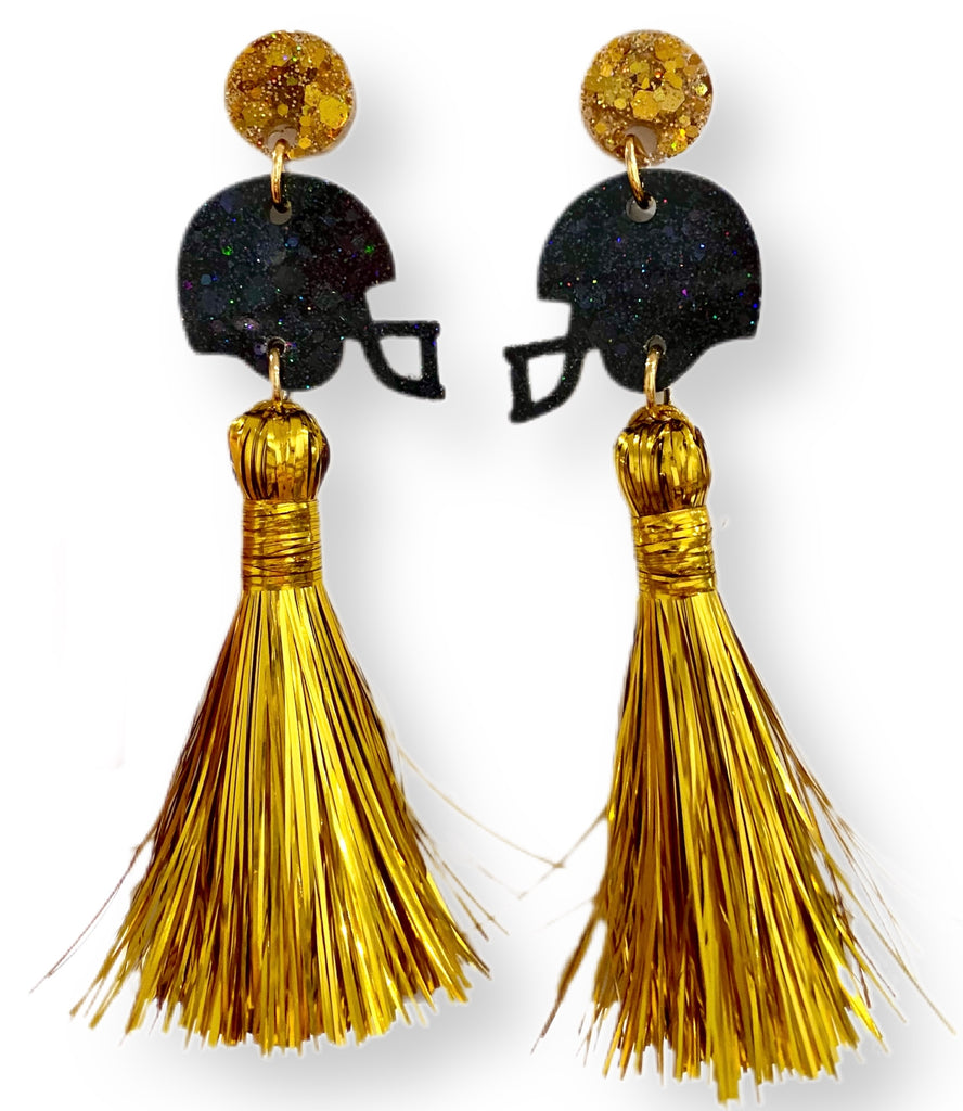Black helmet with gold Metallic Tassel Earrings