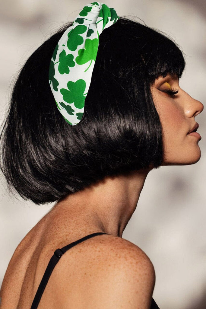 St. Patrick's Clover Print Knot Headband - White