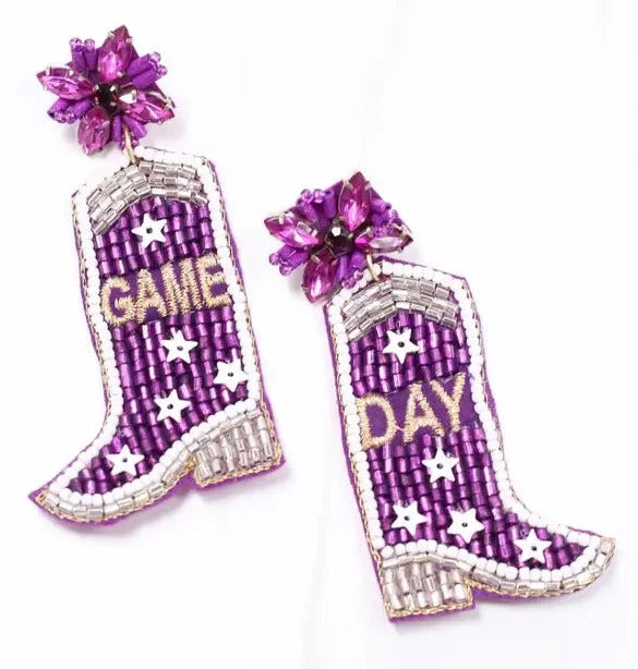 LSU Game Day Purple & White Cowboy Boots Earrings