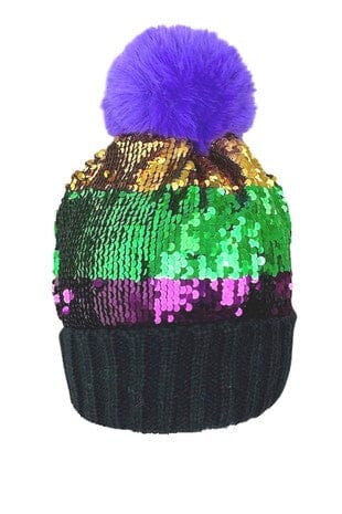 Mardi Gras Sequin Puff Ball Beanie