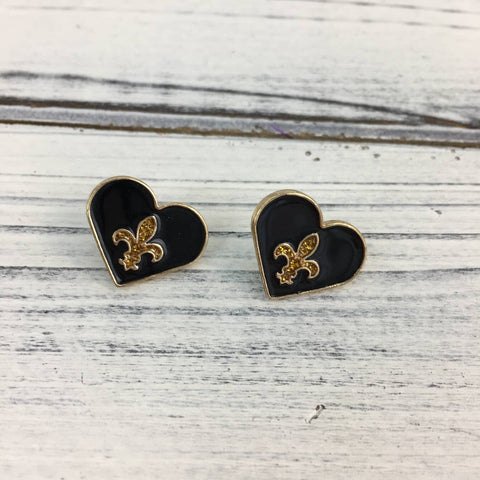 Black and gold heart Fleur de Lis post earrings