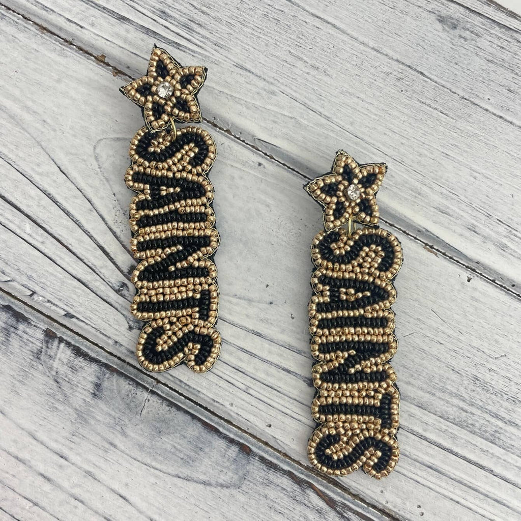 Beaded black and gold Saints earrings