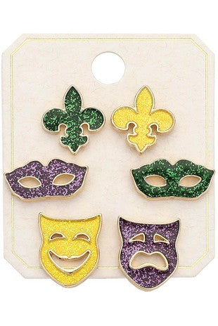 3Pairs - Sparkly Mardi Gras Fleur Stud Earring Set