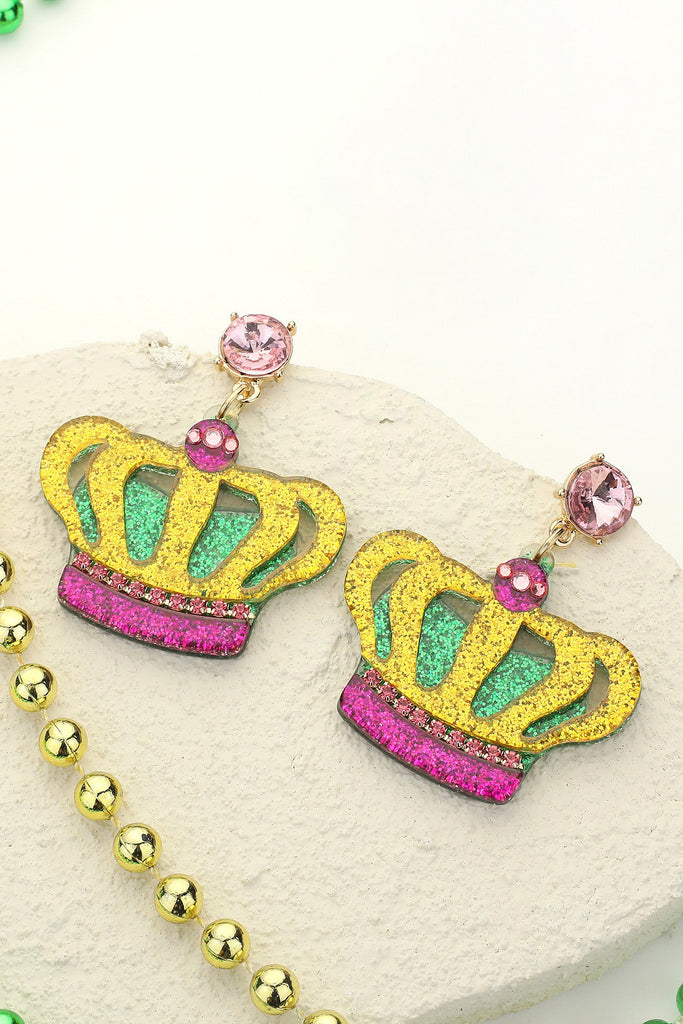 Glitter Mardi Gras Crown Earrings