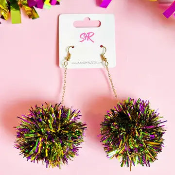 Mardi Gras Pom Pom Dangle Earrings