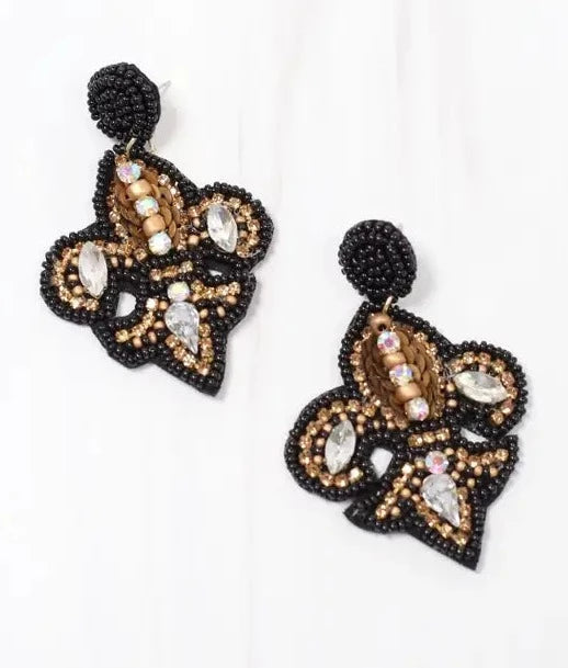 Jeweled Fleur De Lis Earrings, Black