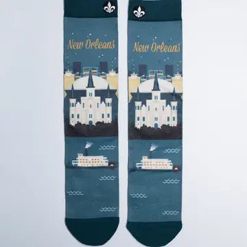 New Orleans Skyline Printed Teal Crew Socks