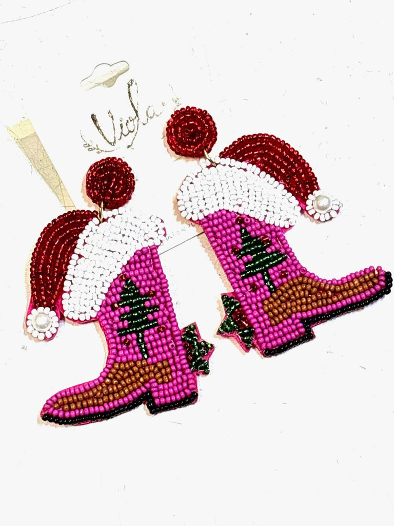 Christmas Cowboy Boot Earrings - Pink