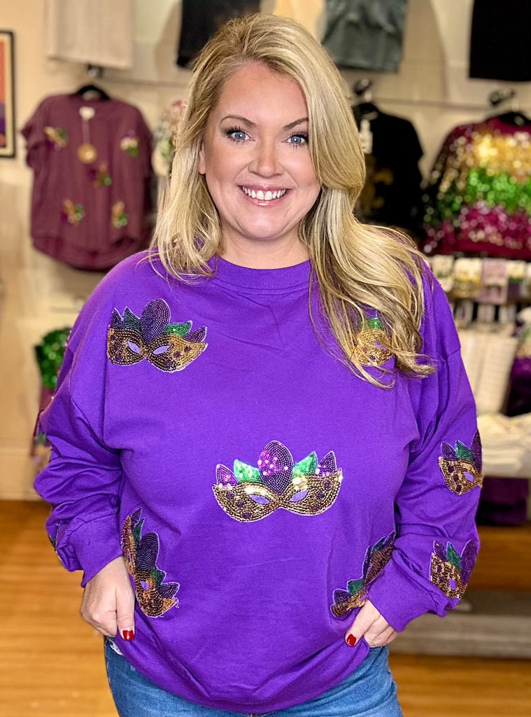 MARDI GRAS MASKS SEQUIN PATCHES PULLOVER