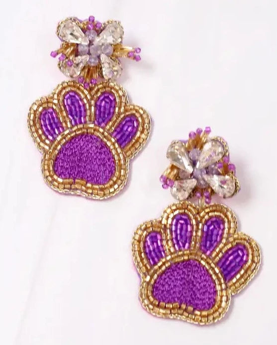 Beaded Paw Print Tiger Earrings, Purple Gold