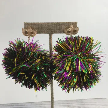 Mardi Gras Tinsel Pom Earrings