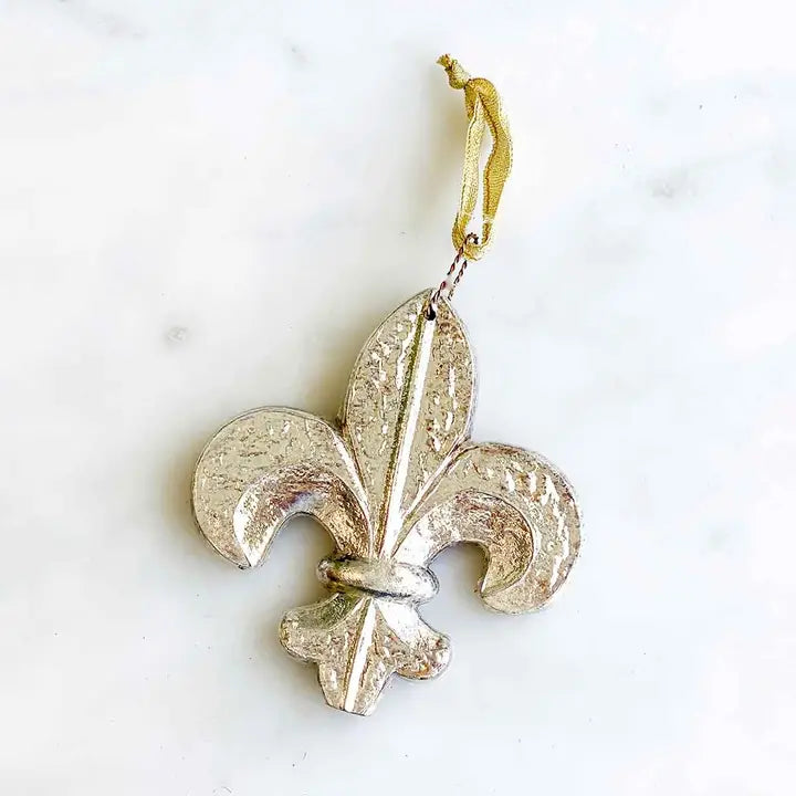 Fleur De Lis Glass Ornament Antique Silver 4.75"