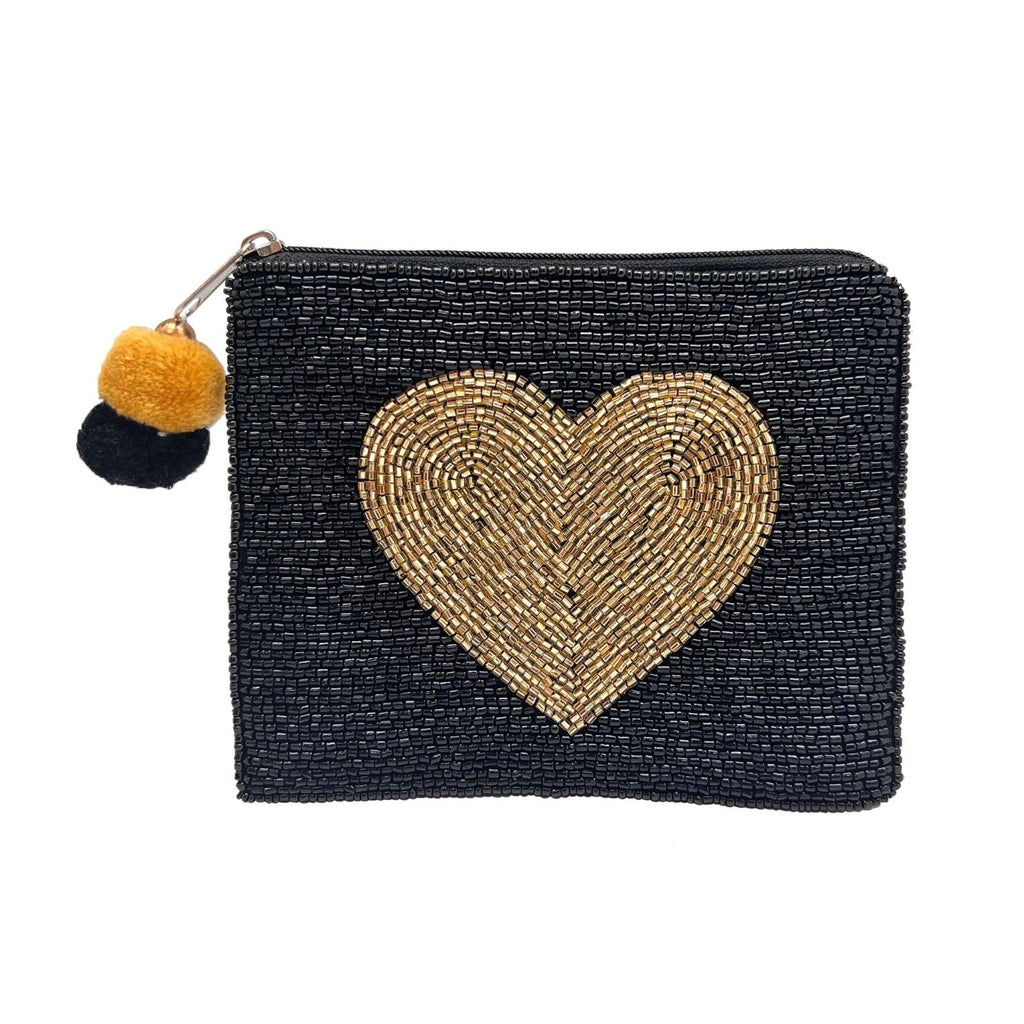 Black and Gold Heart Beaded Pouch