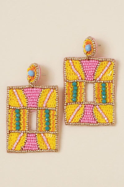 Pink & Yellow Square Beaded Earrings