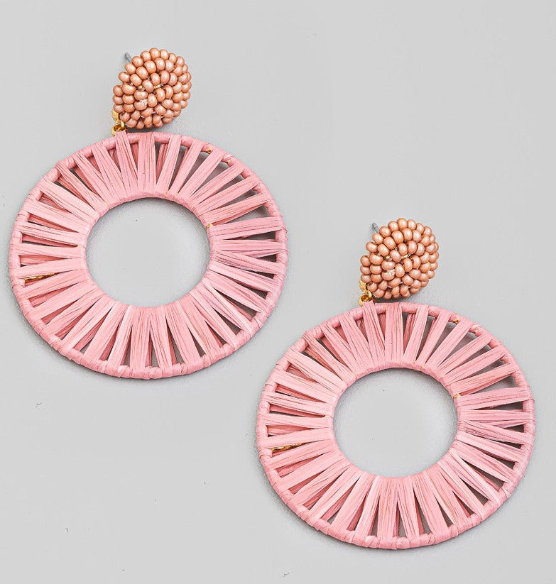 Circle Straw Threaded Drop Earrings, Pink
