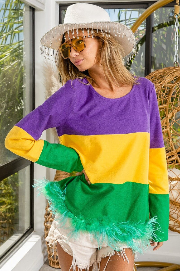 Mardi Gras Long Sleeved Cotton Top with Feather Hem