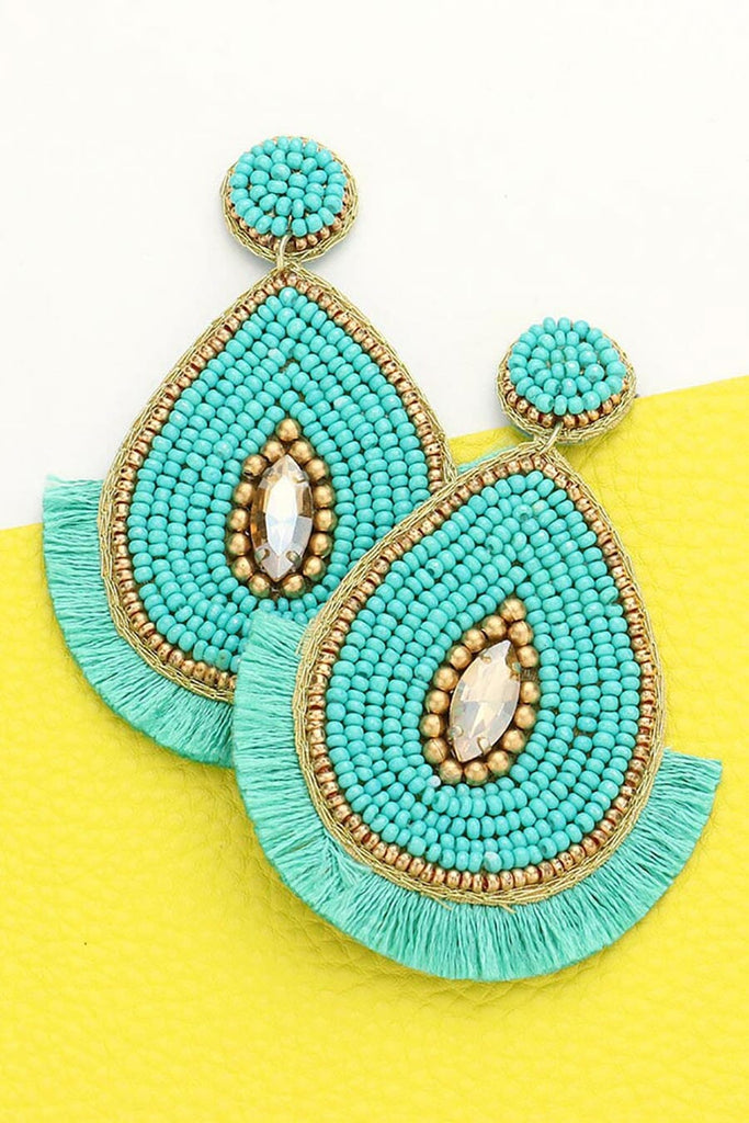 Teal Beaded Tassel Earrings