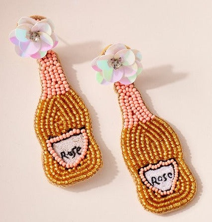 Rose Bottle Beaded Drop Earrings - Gold and Pink