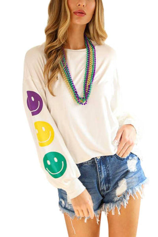 Mardi Gras Smile Face on the Sleeve Top