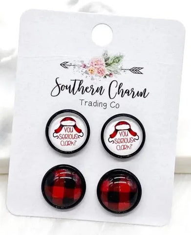 You Serious Clark & Christmas Red Buff Plaid in Black Stud Earrings