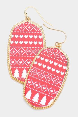 Red Christmas Pattern Oval Earrings