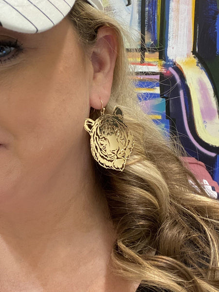 Gold Dangle Tiger Earrings