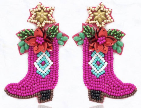 Magenta Christmas Cowboy Boots Earrings