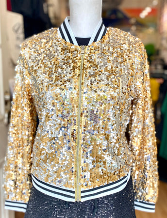 New Orleans Saints Black and Gold Sequin Bomber Jacket Bling 