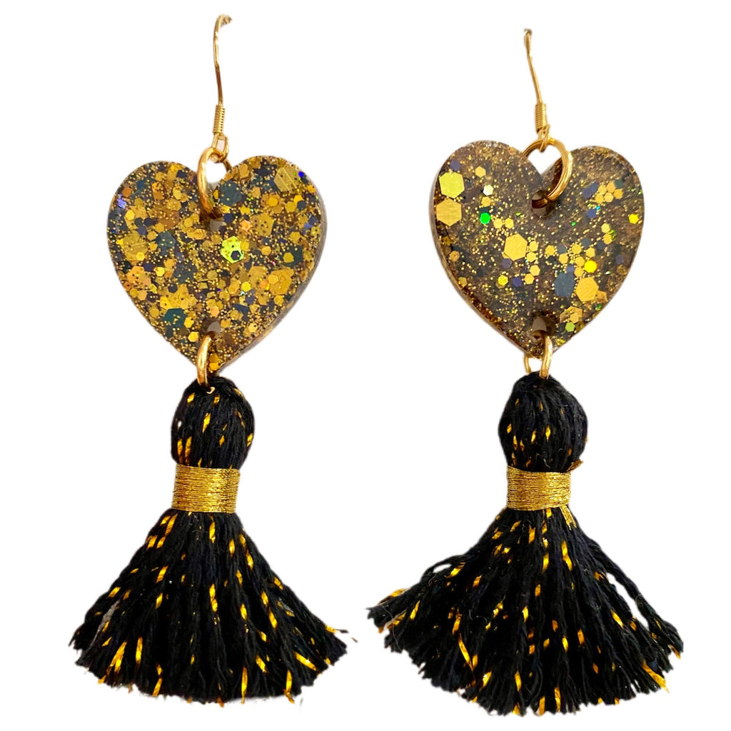 Black and Gold Heart with Black and Gold Cotton Tassel Earrings